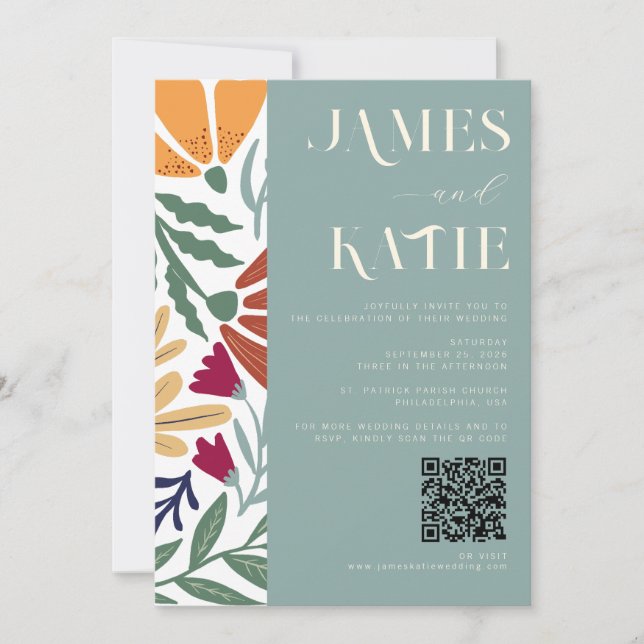 Invitation Moderne Chic Abstrait Floral Retro Sage Mariage QR (Devant)