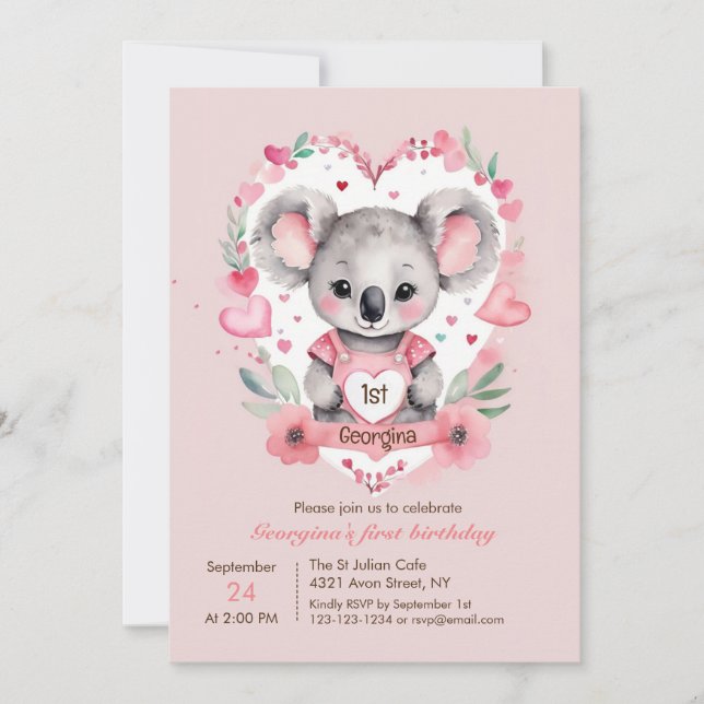 Invitation Moderne Chic Aquarelle Koala Rose Anniversaire (Devant)