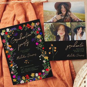 Invitation Moderne chic boho brillant fleurs sauvages graduat