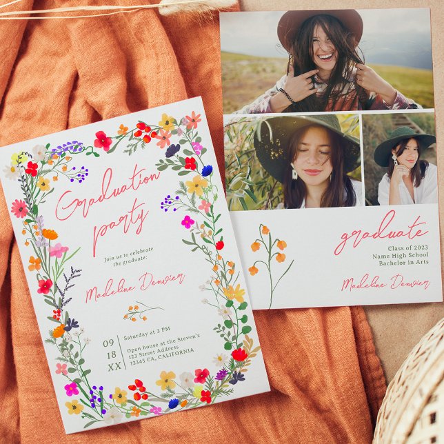 Invitation Moderne chic boho fleurs sauvages lumineuses de re (Modern chic boho bright wild flowers graduation invitation)