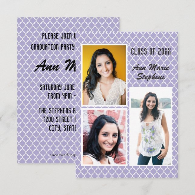 Invitation Moderne Chic Diplômé 3 Photos Violet Quatrefoil -3 (Devant / Derrière)