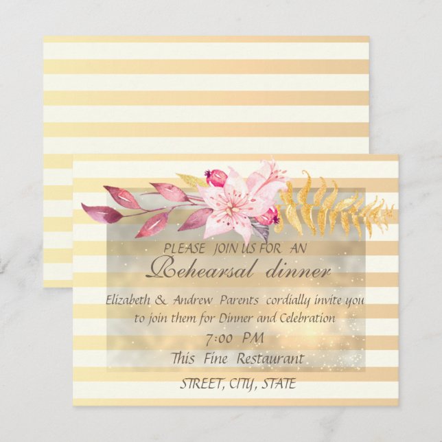 Invitation Moderne Chic Fleurs Rayées  Dîner de Répétition (Devant / Derrière)