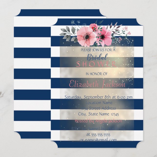 Invitation Moderne Chic Fleurs Rayées pour une Baby Shower de (Devant / Derrière)