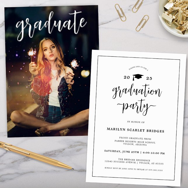 Invitation Moderne Chic Graduation (simple modern chic graduation party invitation with full grad party picture on the back for college)