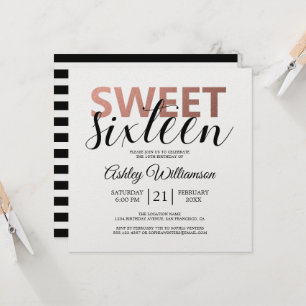 Invitation Moderne Chic Noir Blancs Pink Sweet 16