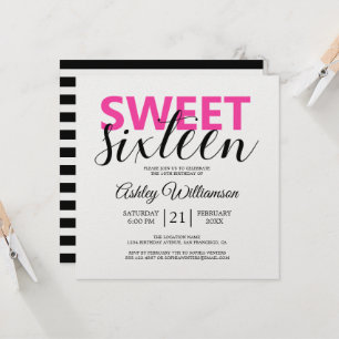 Invitation Moderne Chic Noir Blancs Pink Sweet 16