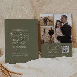 Invitation Moderne Chic Olive Green QR Code Mariage photo<br><div class="desc">Ce faire-part de mariage photo moderne chic vert olive code QR est parfait pour un mariage simple. Le design boisé boho comprend une typographie bohème rustique unique et élégante dans une couleur verte boisée minimale. Personnalisez votre invitation avec 3 photos fiançailles au dos. Inclure un code QR pour que vos...</div>