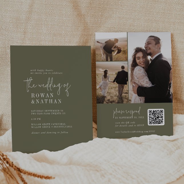Invitation Moderne Chic Olive Green QR Code Mariage photo (Créateur téléchargé)
