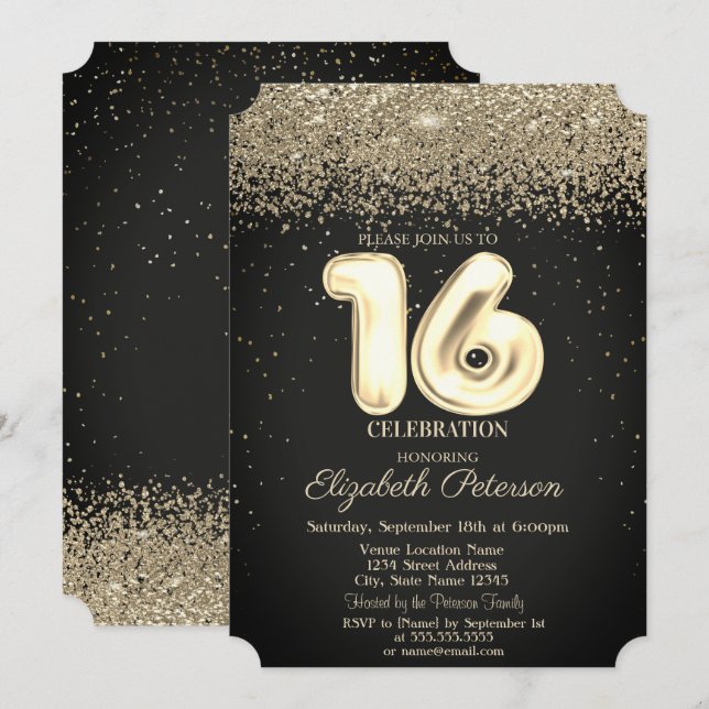 Invitation Moderne Chic Or Diamants Confettis Sweet 16 (Devant / Derrière)