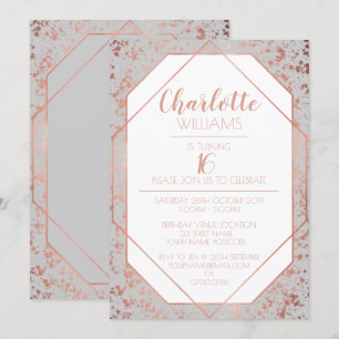 Invitation Moderne Chic Rose Gold Paint Flicks 16e anniversai