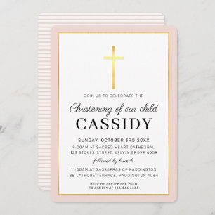 Invitation MODERNE CHRISTENING feuille d'or croix mignon rose