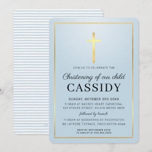 Invitation MODERNE CHRISTENING feuille or croix bébé bleu