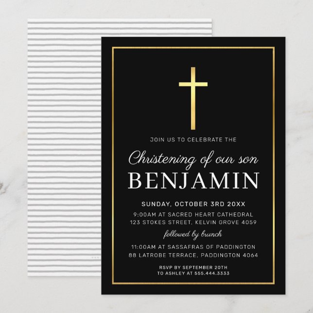 Invitation MODERNE CHRISTENING or croix simple noir blanc (Devant / Derrière)