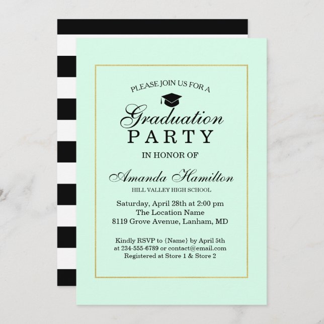 Invitation Moderne Classic Mint or vert Frame Graduation (Devant / Derrière)