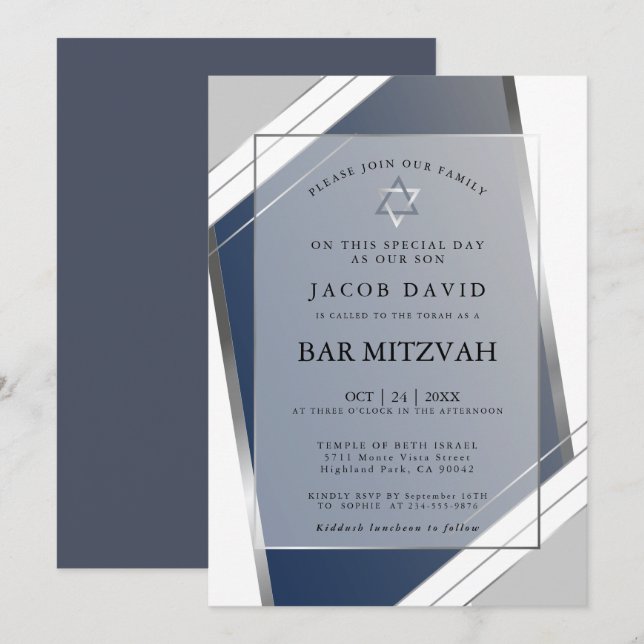 Invitation Moderne Classique Géométrique Bar Mitzvah I Bleu A (Devant / Derrière)