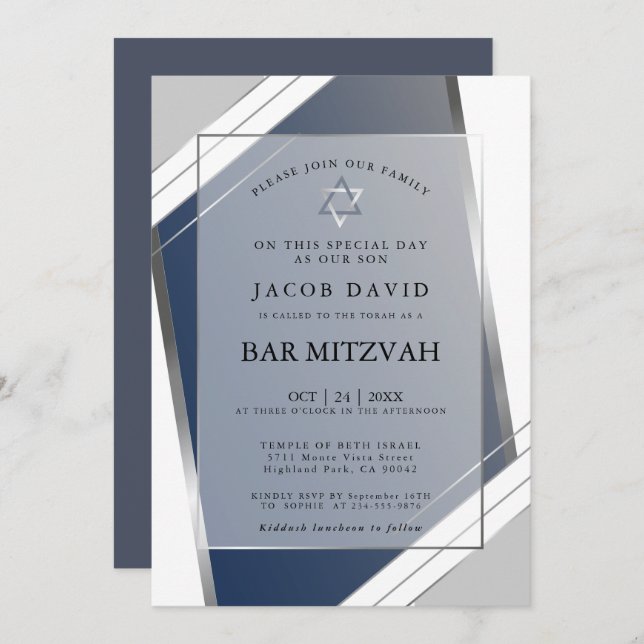 Invitation Moderne classique géométrique bleu SIlver Bar Mitz (Devant / Derrière)