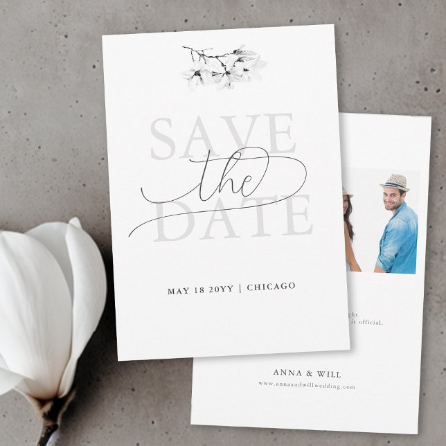 Invitation Moderne classique Magnolia BW Mariage Enregistrer  (Classic Magnolia Wedding Save the Date Simple Elegant Modern Black and White Calligraphy Two Photos)