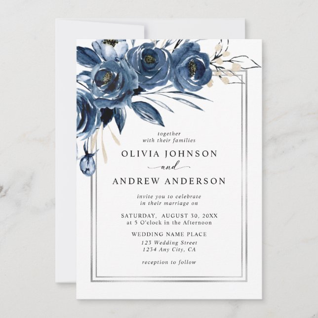 Invitation Moderne Classique Mariage Fleurie Bleu Nuit et Arg (Devant)