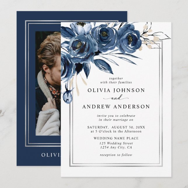 Invitation Moderne Classique Mariage Photographique Floral Bl (Devant / Derrière)