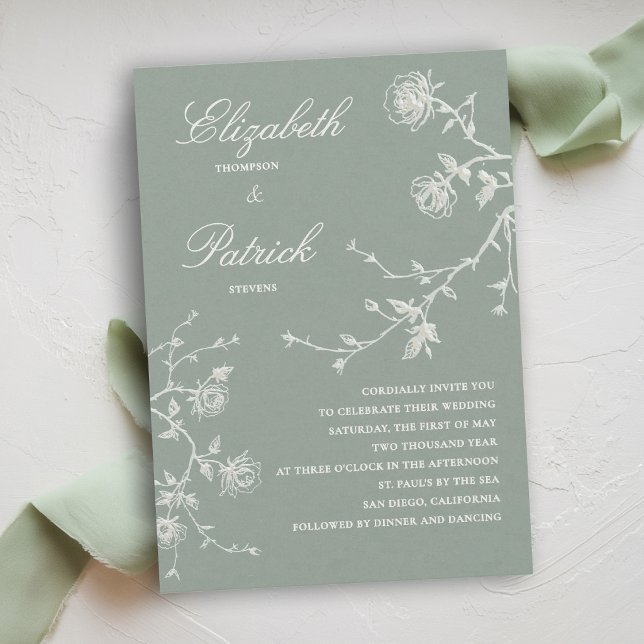 Invitation Moderne Classique Roses Sauvages Vert Sauge Blanc  (modern classic wedding invitation wild roses floral organic linen calligraphy sage green white)