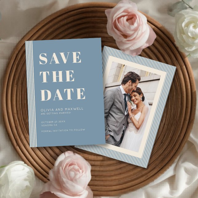 Invitation Moderne Classique Sauvegarder La Date Photo Rayée  (Créateur téléchargé)