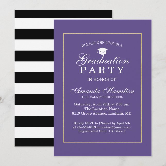 Invitation Moderne Classique Ultra violet or Frame Graduation (Devant / Derrière)