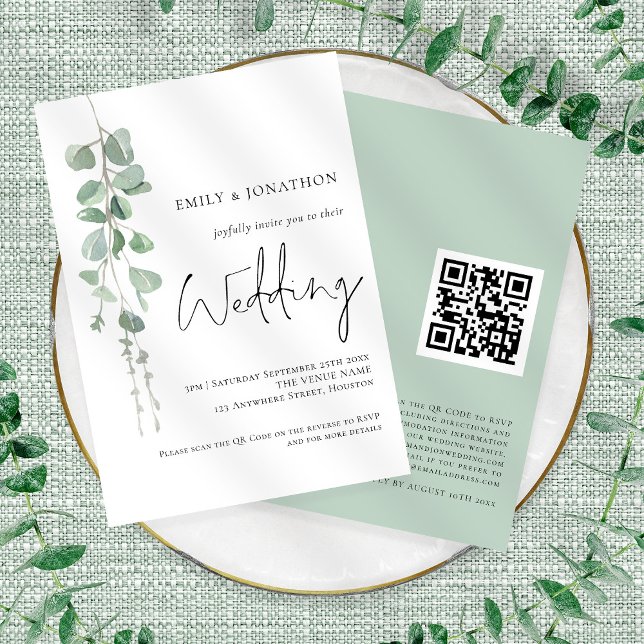 Invitation Moderne Code QR de mariage à l'écriture élégante d (Front and back view)