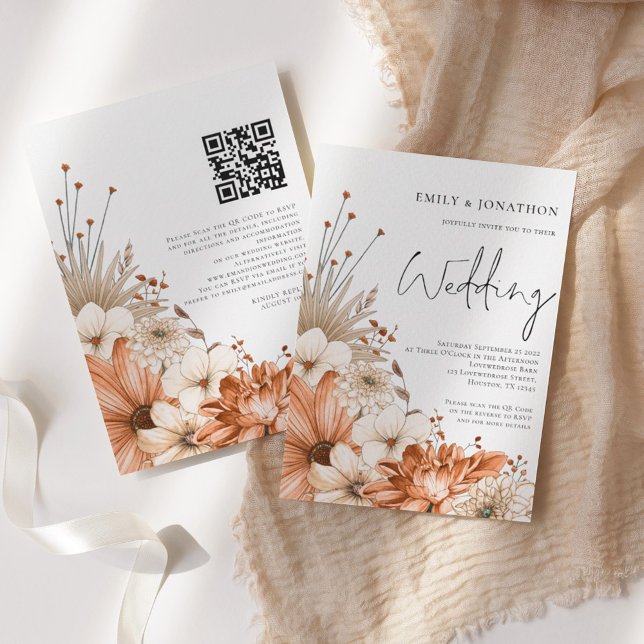 Invitation Moderne Code QR de mariage à motif floral d'automn (Créateur téléchargé)