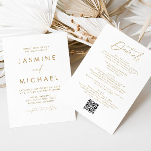 Invitation Moderne Code QR de mariage tout-en-un écriture dor