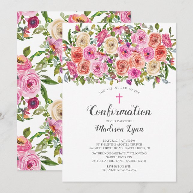 Invitation Moderne Colorful rose Floral & Cross Confirmation (Devant / Derrière)