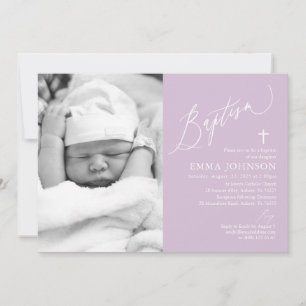 Invitation Moderne Croix violette fille photo Baptême Invitat