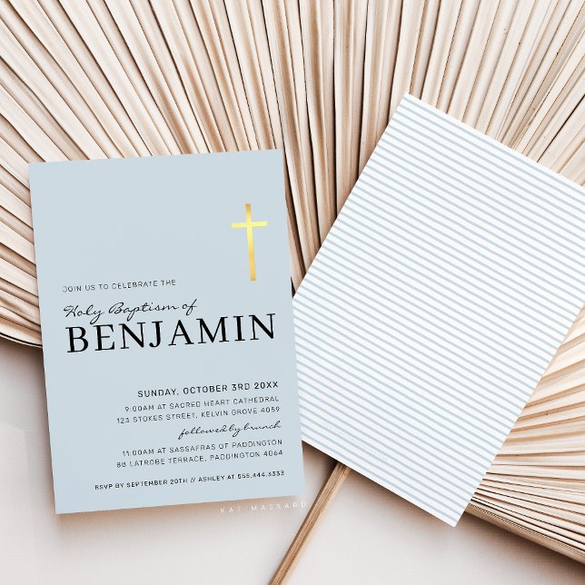 Invitation MODERNE CROSS baptisme minimum bébé bleu feuille d (Créateur téléchargé)