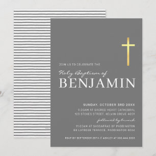 Invitation MODERNE CROSS feuille d'or baptême minimaliste gri