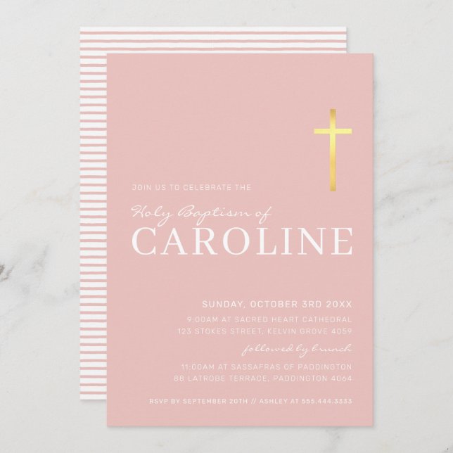 Invitation MODERNE CROSS or saint baptême minimal rose blanc (Devant / Derrière)
