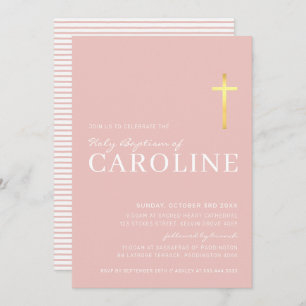 Invitation MODERNE CROSS or saint baptême minimal rose blanc