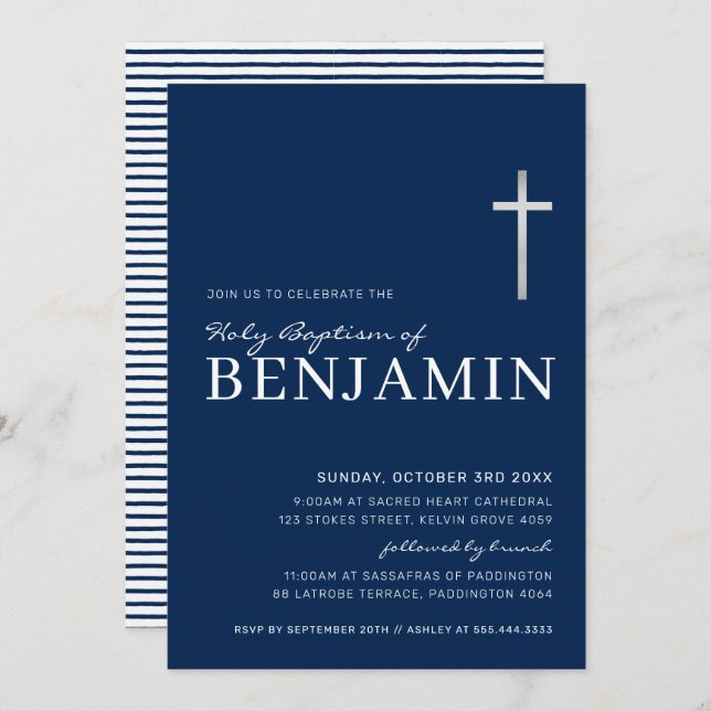 Invitation MODERNE CROSS saint baptême minimal marine bleu bl (Devant / Derrière)