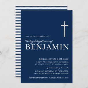 Invitation MODERNE CROSS saint baptême minimal marine bleu bl