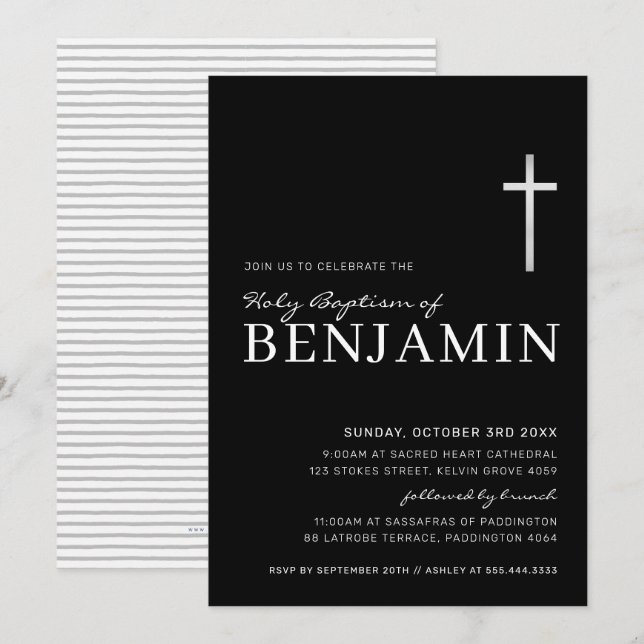Invitation MODERNE CROSS saint baptême minimal noir argent (Devant / Derrière)