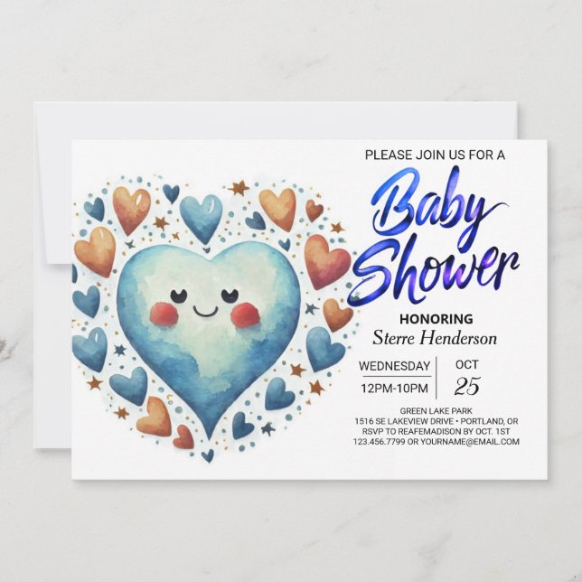 Invitation Moderne Cute Blue Hearts Aquarelle Baby shower gar (Devant)