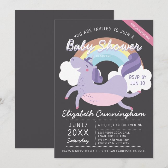 Invitation Moderne Cute Rainbow Unicorn Baby shower virtuel (Devant / Derrière)