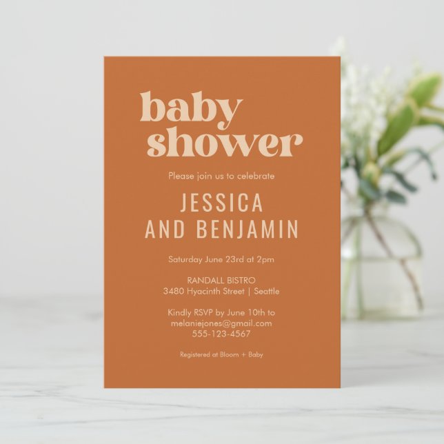 Invitation Moderne Cute Retro Boho Baby shower en terre cuite (Debout devant)