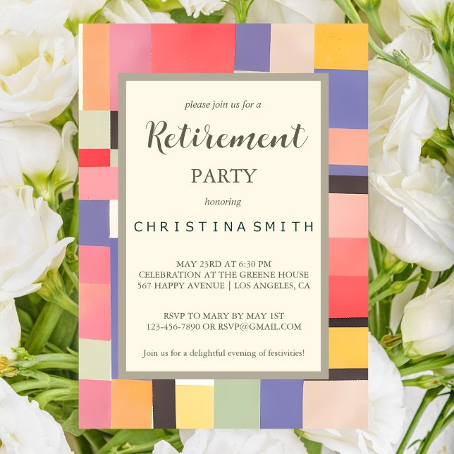 Invitation Moderne Cute Vivid Couleurs Blocs de retraite (Modern Cute Vivid Color Blocks Retirement Party Invitation)