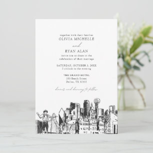 Invitation Moderne Dallas Texas Skyline Mariage noir et blanc