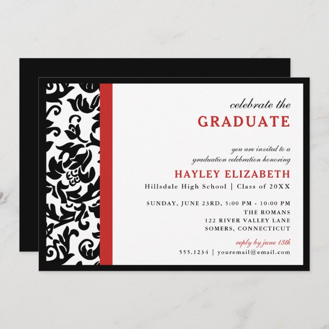 Invitation moderne Damask Red Border Graduation In (Devant / Derrière)