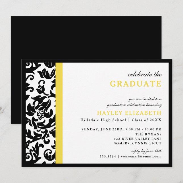 Invitation moderne Damask Yellow Border Graduation (Devant / Derrière)