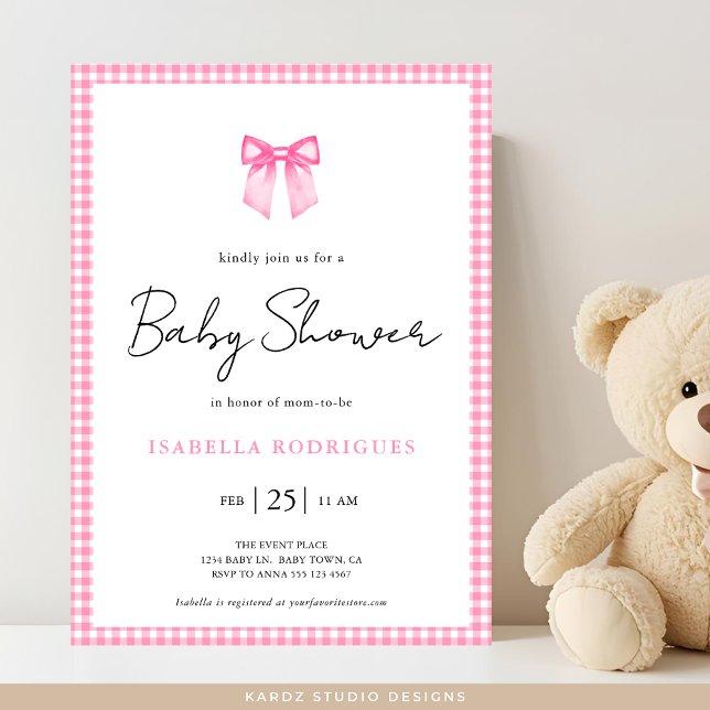 Invitation moderne de baby shower à carreaux avec  (Invitation shown in 5 x 7, personalize, choose paper and corner style. Digital invitation available)