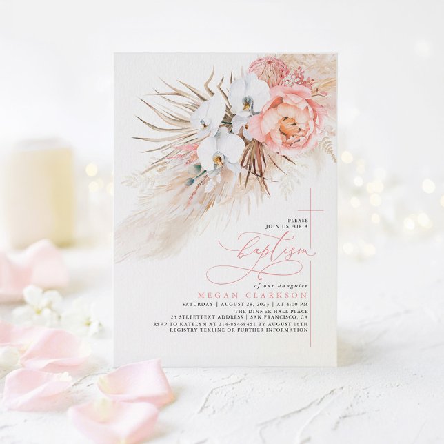 Invitation moderne de baptême avec herbe de Pampas (Boho Floral Botanical Baptism Invitations )