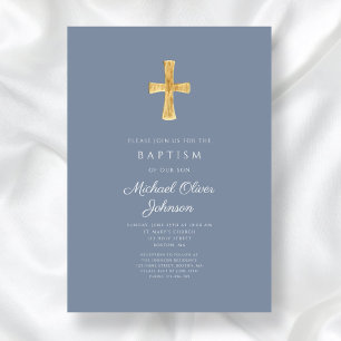 Invitation moderne de baptême garçon bleu poussiér