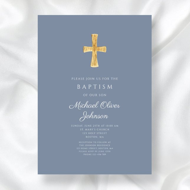 Invitation moderne de baptême garçon bleu poussiér (Modern Dusty Blue Cross Boy Baptism Invitation)