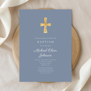 Invitation moderne de baptême garçon bleu poussiér